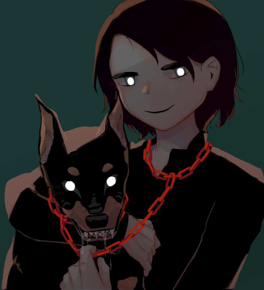 1boy absurdres animal avogado6 black_hair black_shirt blue_eyes bright_pupils chain chained closed_mouth doberman dog drooling green_eyes highres holding holding_animal holding_dog long_sleeves looking_at_viewer original shirt smile solo white_pupils
