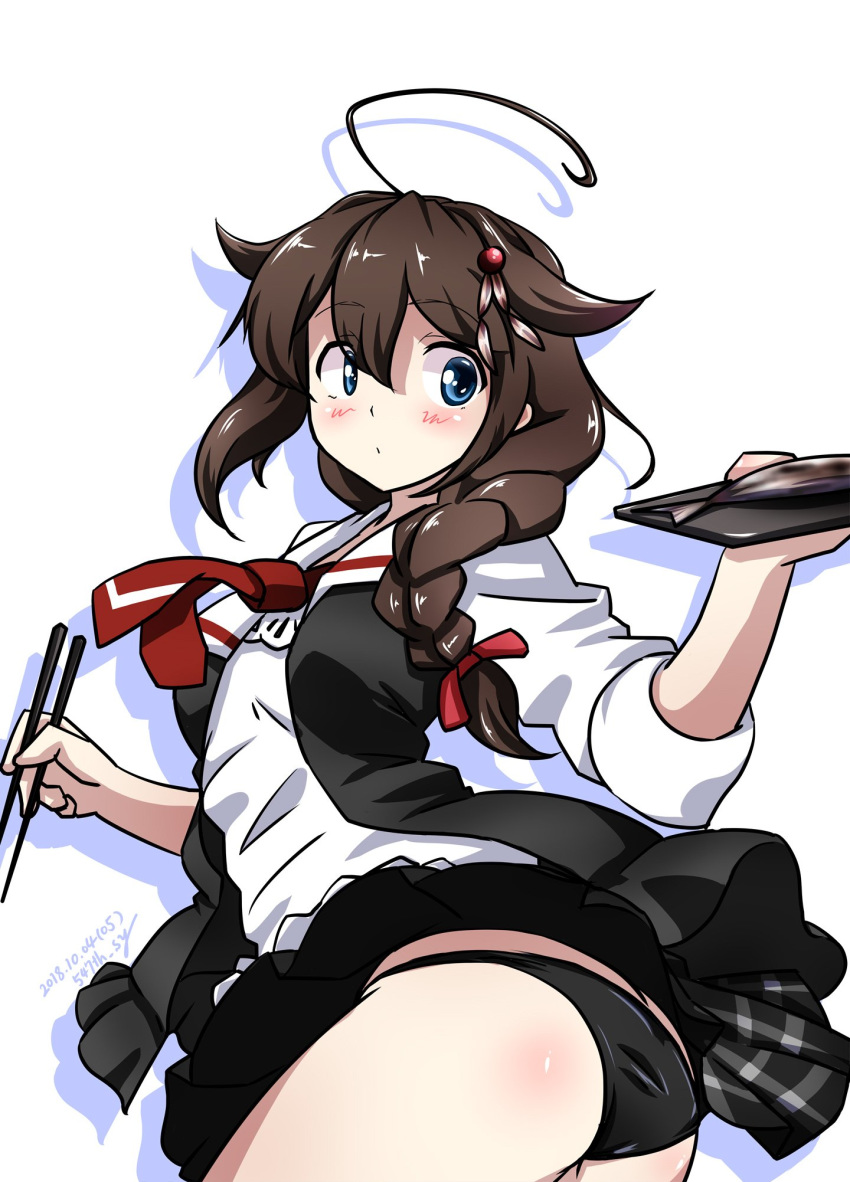 1girl 547th_sy ahoge ass black_hair black_panties black_skirt black_vest blue_eyes braid chopsticks cowboy_shot fish hair_flaps hair_ornament hair_over_shoulder highres kantai_collection long_sleeves necktie official_alternate_costume panties plate pleated_skirt red_neckwear remodel_(kantai_collection) saury shigure_(kantai_collection) shirt simple_background single_braid skirt solo underwear vest white_background white_shirt