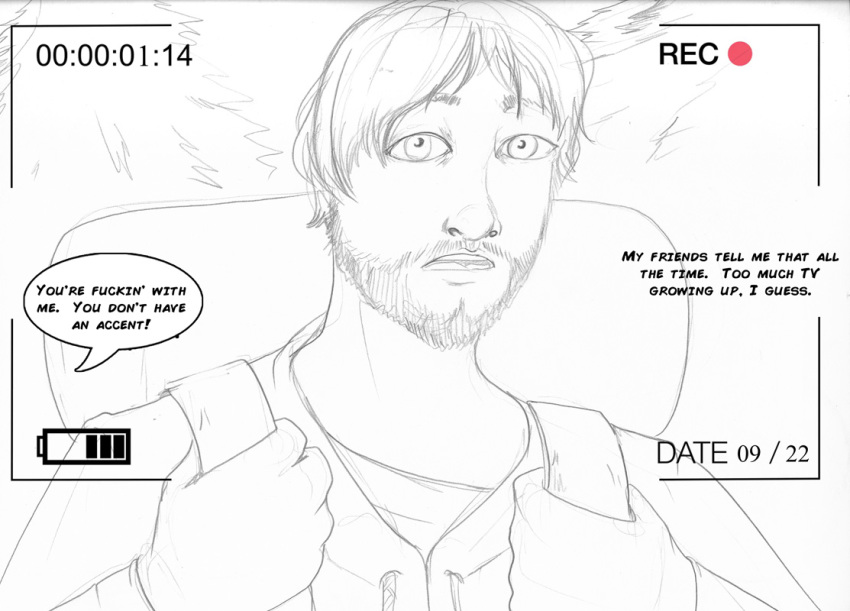 arania backpack beard clothed clothing comic dialogue english_text facial_hair hair human human_focus human_only jack_(tcitw) male mammal not_furry profanity solo text the_cabin_in_the_woods_(arania)