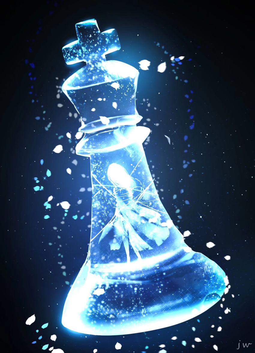 1girl broken_glass chess_piece commentary_request dress glass highres king_(chess) long_hair minigirl original petals signature skyrick9413 solo