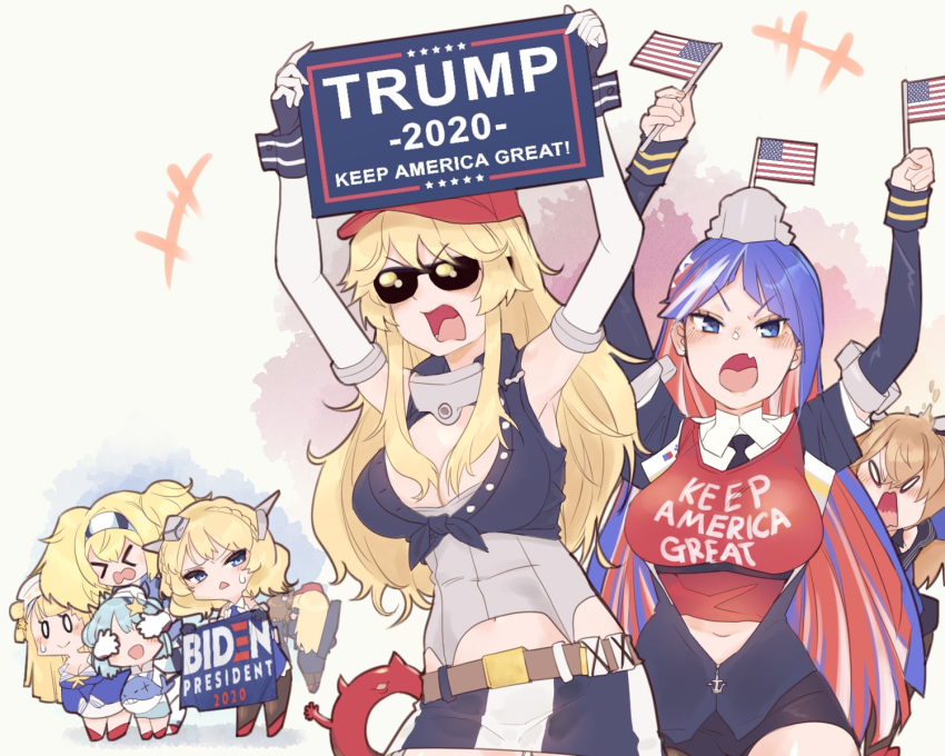 &gt;_&lt; 6+girls abyssal_ship american_flag bitchcraft123 black_neckwear black_sailor_collar blonde_hair blue_eyes blue_hair blue_neckwear blush braid breasts brown_hair cleavage collared_shirt colorado_(kantai_collection) covering_eyes dixie_cup_hat double_bun enemy_lifebuoy_(kantai_collection) fang fletcher_(kantai_collection) flight_deck front-tie_top gambier_bay_(kantai_collection) garrison_cap grey_headwear hair_between_eyes hat highres hornet_(kantai_collection) iowa_(kantai_collection) johnston_(kantai_collection) kantai_collection large_breasts long_hair military_hat multicolored_hair multiple_girls necktie open_mouth pencil_skirt politics red_hair red_headwear sailor_collar samuel_b._roberts_(kantai_collection) saratoga_(kantai_collection) shirt short_hair side_bun side_ponytail skirt south_dakota_(kantai_collection) star_(symbol) sunglasses triangle_mouth white_hair white_headwear white_shirt