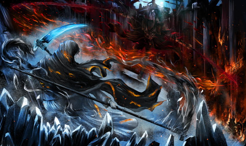 2girls ashes_of_ariandel battle bloodborne chama_(painter) cloak crystal dark_souls_iii dual_wielding fighting_stance fire from_behind highres holding holding_weapon hood ice lady_maria_of_the_astral_clocktower moon multiple_girls nun rakuyo_(bloodborne) scythe sister_friede souls_(from_software) the_old_hunters weapon