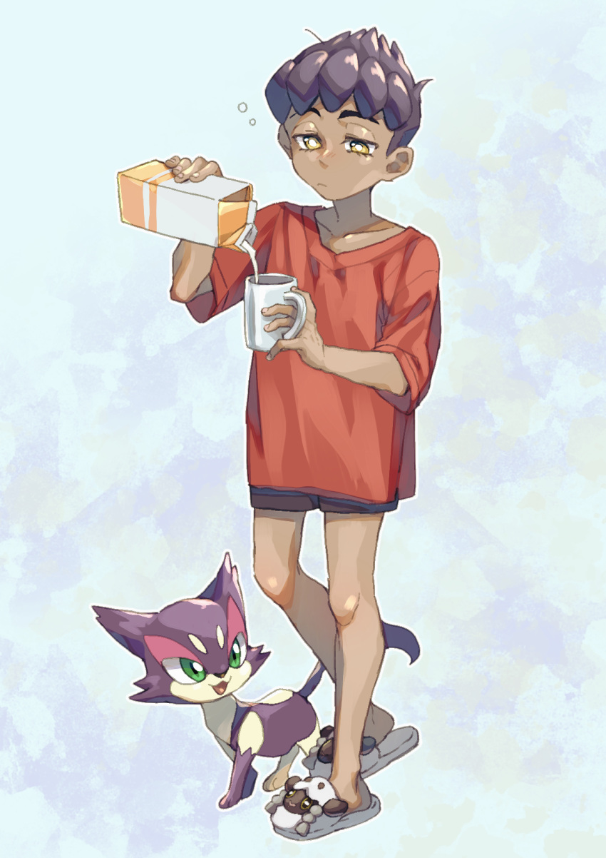 1boy black_hair closed_mouth collarbone commentary_request cup dark_skin dark_skinned_male eyelashes gen_5_pokemon half-closed_eyes highres holding holding_cup hop_(pokemon) knees komame_(st_beans) male_focus milk milk_carton pokemon pokemon_(creature) pokemon_(game) pokemon_swsh pouring purrloin red_shirt shirt short_hair slippers standing t-shirt yellow_eyes