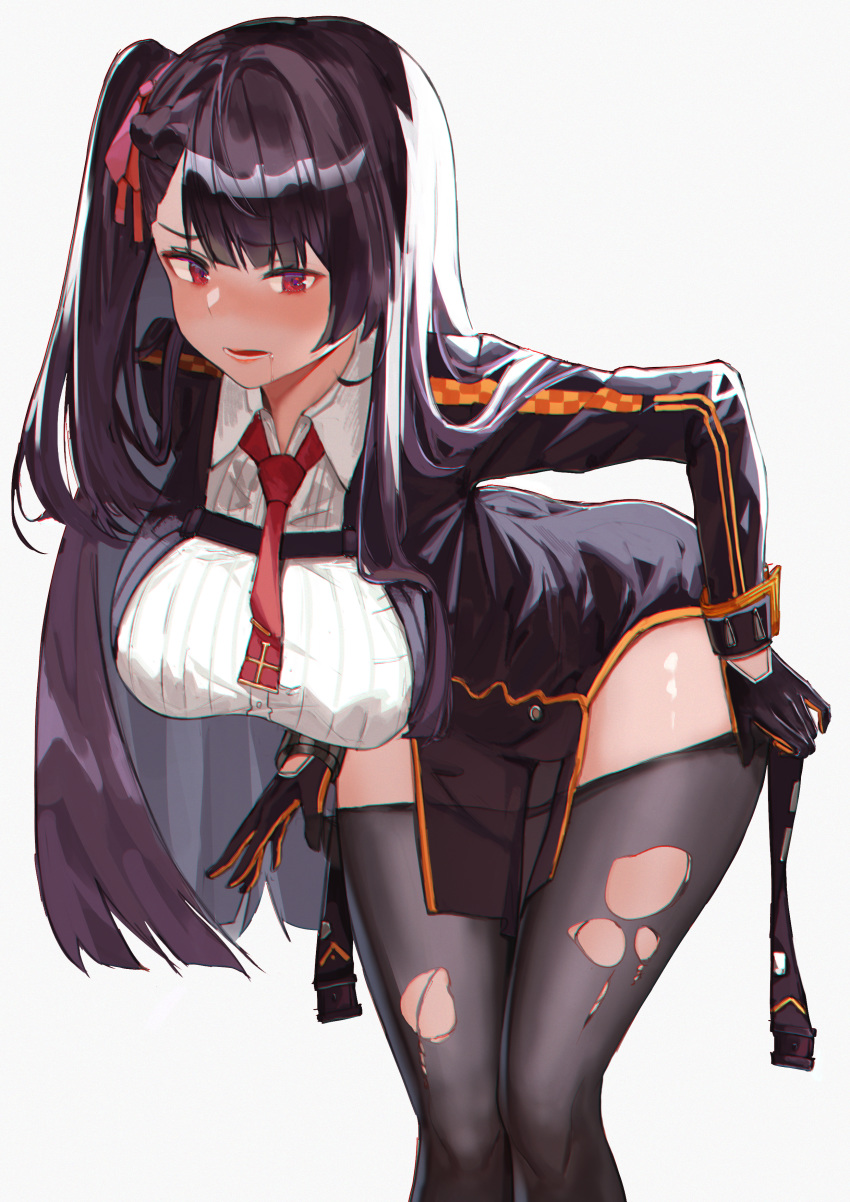 absurdres back bangs bend bent_over black_coat black_gloves black_jacket black_legwear blunt_bangs blush breasts buttons coat commentary_request cross cross_necklace eyebrows eyebrows_visible_through_hair girls_frontline gloves hair_ribbon head_tilt highres huge_filesize jacket jewelry large_breasts long_coat long_hair looking_down loose_necktie necklace necktie nineye open_mouth pantyhose pantyhose_pull pleated_sleeves purple_hair red_eyes red_neckwear red_ribbon ribbon shiny shiny_hair shirt side_ponytail simple_background skirt skirt_removed strap taking_off thighs torn_clothes torn_legwear undressing very_long_hair wa2000_(girls_frontline) white_background white_shirt