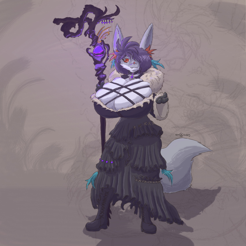 1:1 anthro big_breasts bottomwear breast_squish breasts bxulnooxgard clothed clothing cosplay delphox dress female final_fantasy final_fantasy_xiv fukura fur grey_body grey_fur hair hair_over_eye hi_res huge_breasts hyper hyper_breasts inner_ear_fluff long_skirt looking_at_viewer magic_user nintendo one_eye_obstructed orange_eyes pok&eacute;mon pok&eacute;mon_(species) purple_hair ruffled_skirt shiny_pok&eacute;mon skirt solo square_enix squish staff tuft video_games