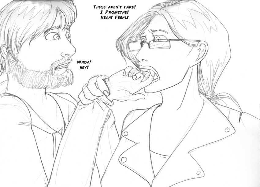 amanda_(tcitw) arania beard clothed clothing comic duo eyewear facial_hair fangs female glasses hair hoodie human humanoid jack_(tcitw) male mammal monochrome the_cabin_in_the_woods_(arania) topwear transformation