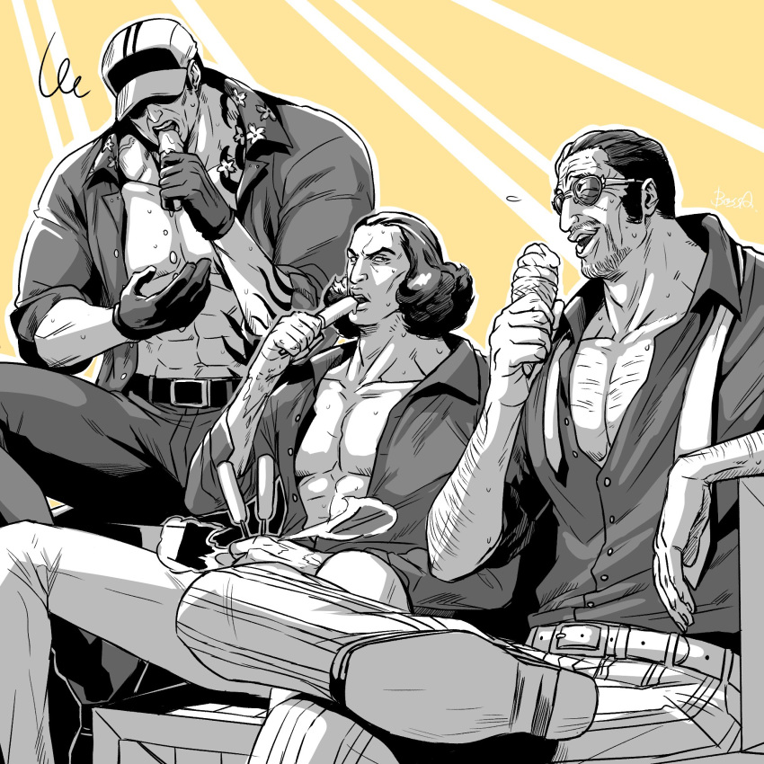 3boys abs alternate_costume black_hair borsalino_(kizaru) bossa chest chest_hair cigar denim facial_hair food greyscale hair_slicked_back hat highres ice_cream jeans kuzan_(aokiji) leg_up male_focus monochrome multiple_boys one_piece open_clothes open_shirt pants partially_unbuttoned popsicle sakazuki_(akainu) sideburns stubble sunglasses