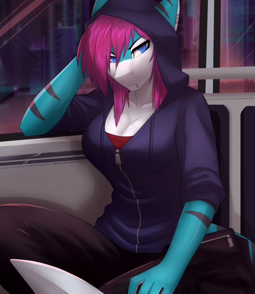 2020 absurd_res anthro blue_eyes breasts clothing detailed_background digital_media_(artwork) eyebrows eyelashes female fingers fish hair hi_res hoodie marine non-mammal_breasts purple_clothing purple_hair purple_hoodie purple_topwear shark solo topwear xaenyth