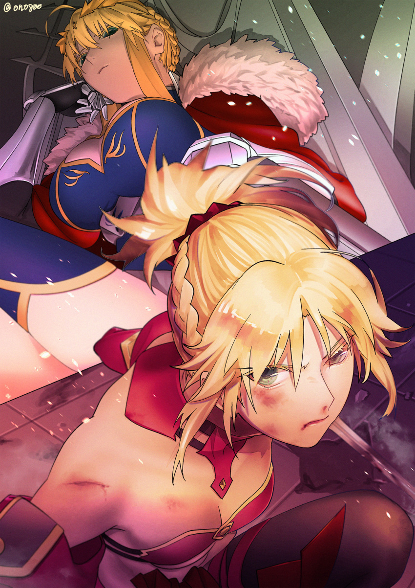 2girls ahoge artoria_pendragon_(all) artoria_pendragon_(lancer) bandeau bangs bare_shoulders blonde_hair blue_legwear braid breasts bruise bruise_on_face cape cleavage commentary_request crossed_legs crown crown_braid fate/grand_order fate_(series) french_braid fur-trimmed_cape fur_trim gauntlets green_eyes hair_between_eyes hair_ornament hair_scrunchie hand_on_own_cheek highres injury large_breasts mordred_(fate) mordred_(fate)_(all) multiple_girls ponytail red_cape red_scrunchie scrunchie sidelocks sitting thighs throne tile_floor tiles yatsuashimon