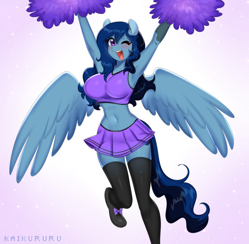 2020 absurd_res anthro big_breasts black_clothing black_footwear black_leggings black_legwear black_shoes blue_body blue_bottomwear blue_clothing blue_skirt blue_topwear bottomwear breasts cheerleader clothed clothing equid equine fan_character female footwear fully_clothed hair happy hasbro hi_res kaikururu leggings legwear looking_at_viewer mammal midriff multicolored_hair my_little_pony one_eye_closed open_mouth pegasus pom_poms purple_hair simple_background skirt smile solo topwear two_tone_hair white_background wings wink