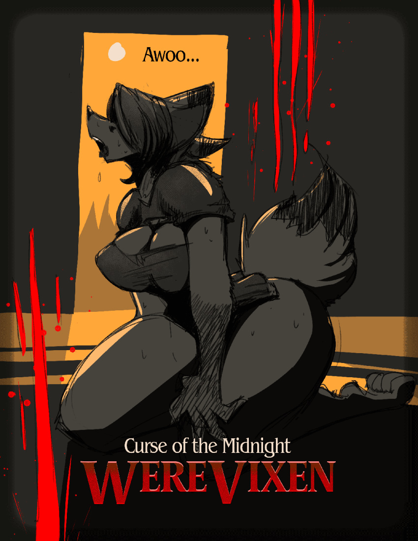 2020 anthro breasts canid canine dipstick_tail english_text female fox hair hi_res kneeling mammal moon movie_poster multicolored_tail open_mouth solo text tgwonder thick_thighs transformation were wide_hips