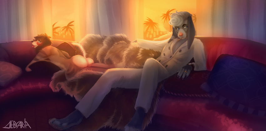 absurd_res anthro ass_up bird_dog blue_eyes canid canine canis cigarette clothed clothing deblaria detailed domestic_dog duo floppy_ears fully_clothed fur furniture girly grey_background hi_res hunting_dog long_ears looking_back lying male male/male mammal mondi nude on_front pawpads pillow pillow_hug poodle raised_tail relaxing short_tail simple_background sitting smoke sofa spaniel suit tongue tongue_out william_quinn