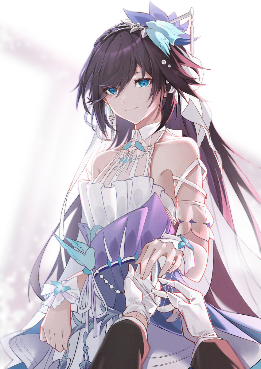 1girl absurdres black_hair blue_dress blue_eyes bridal_veil bride commentary dress earrings faaallen fu_hua glint gloves halter_dress highres honkai_(series) honkai_impact_3rd jewelry long_hair long_sleeves looking_at_viewer multicolored multicolored_clothes multicolored_dress pov putting_on_jewelry ring smile solo_focus veil very_long_hair wedding wedding_dress wedding_ring white_dress white_gloves