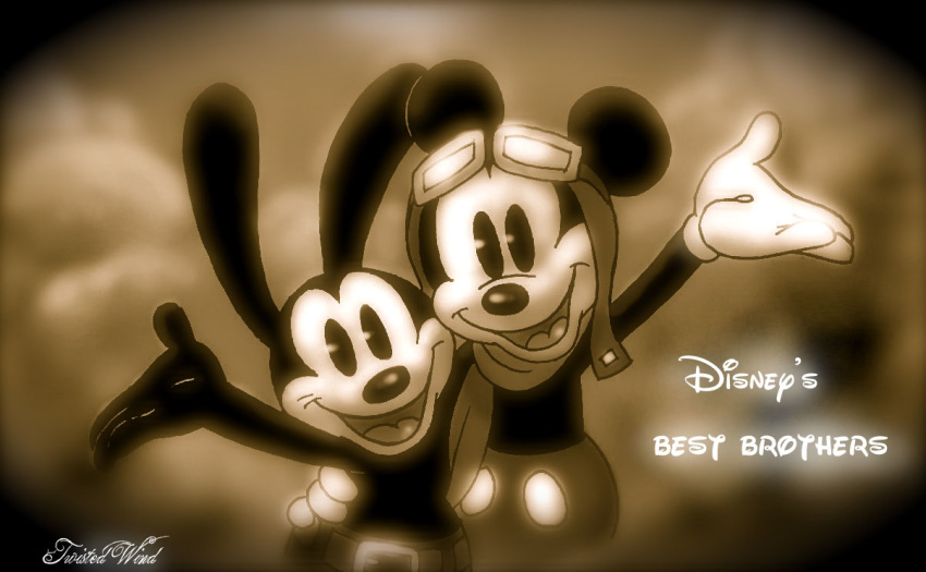 anthro aviator_cap black_body bottomwear brother brothers clothed clothing disney duo fleischer_style_toon gloves handwear headgear headwear lagomorph leporid male mammal mickey_mouse monochrome mouse murid murine open_mouth oswald_the_lucky_rabbit rabbit rodent sepia sibling smile toony twistedterra