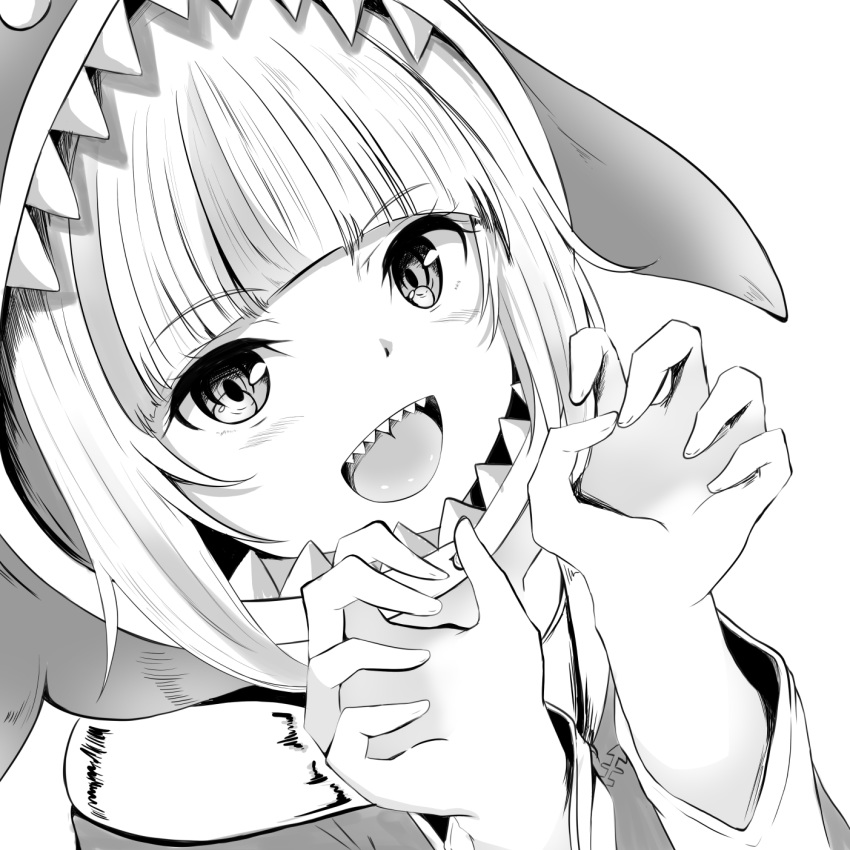 1girl :d animal_hood bangs blunt_bangs claw_pose eyebrows_visible_through_hair gawr_gura highres hololive hololive_english hood looking_at_viewer monochrome open_mouth shark_hood sharp_teeth shiratama0426 smile solo teeth virtual_youtuber