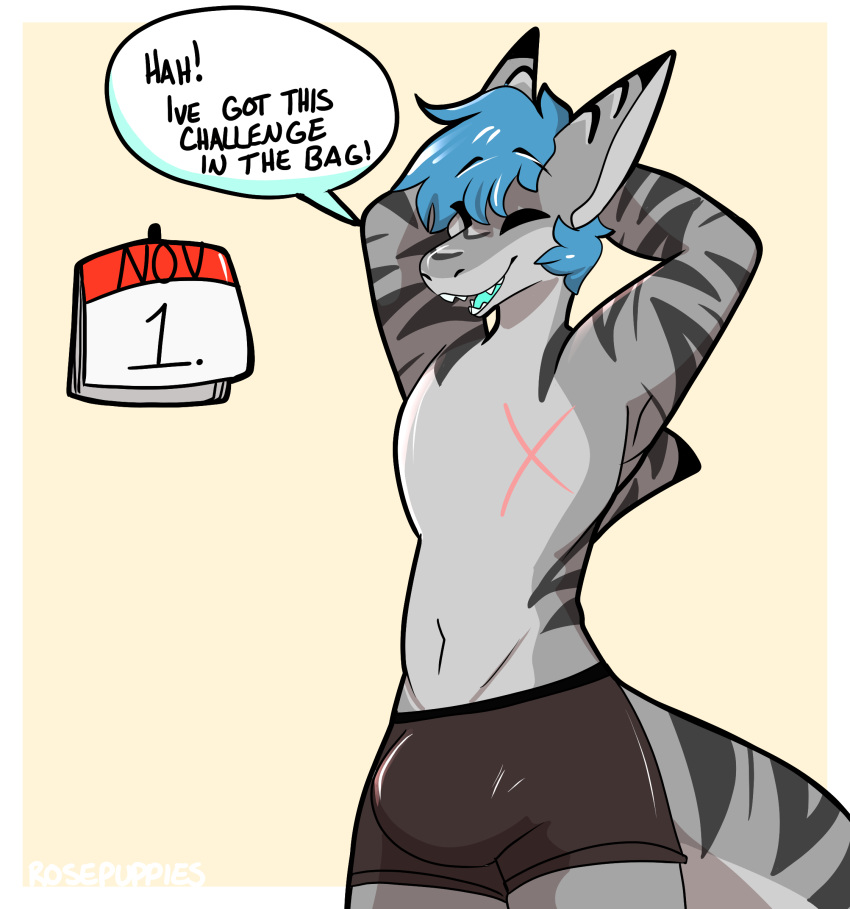 absurd_res anthro big_bulge bulge clothing digital_media_(artwork) fish hi_res male marine meme milo_(milofishy) no_nut_november open_mouth requiem_shark rosepuppies shark simple_background smile solo standing stripes teeth text tiger_shark underwear