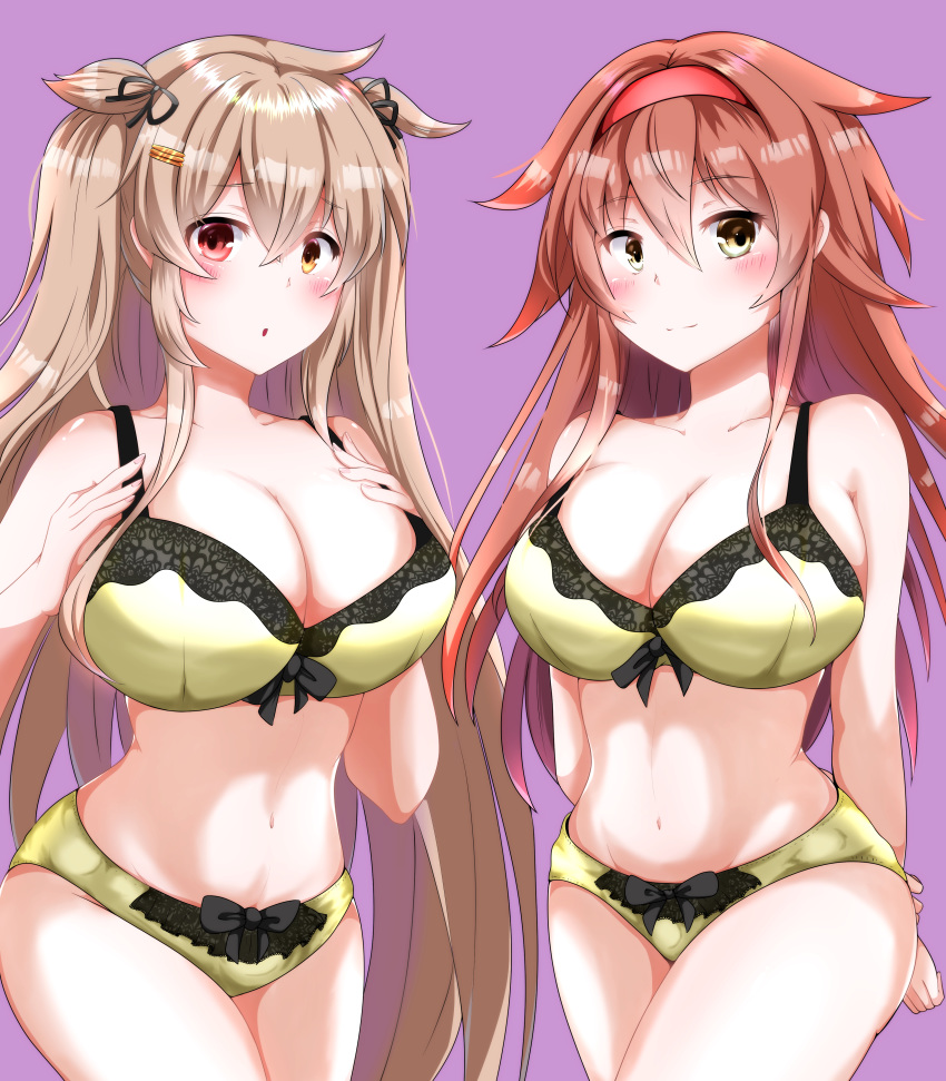 absurdres bra breasts brown_eyes brown_hair hair_flaps hair_ornament hairband heterochromia highres kantai_collection large_breasts light_brown_hair long_hair murasame_(kantai_collection) panties red_eyes remodel_(kantai_collection) ruimero shiratsuyu_(kantai_collection) simple_background underwear underwear_only