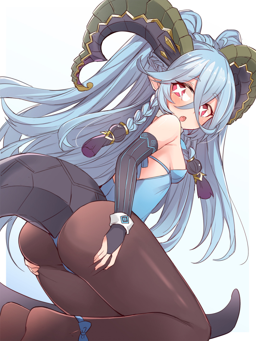 1girl ass bangs bare_shoulders blue_leotard blush breasts crossed_bangs curled_horns dragon_girl fang fate/grand_order fate_(series) highres horns leotard long_horns mou_tama_maru pantyhose pointy_ears small_breasts solo strapless strapless_leotard symbol-shaped_pupils tiamat_(fate/grand_order)