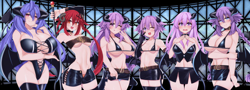 6+girls :d ;d ;p adult_neptune alternate_breast_size alternate_costume arm_behind_back arm_behind_head bare_shoulders beltbra black_bra black_gloves black_legwear black_shorts black_skirt blue_eyes blue_hair blush bra braid breasts cleavage cowboy_shot crop_top cross-laced_shorts demon_horns demon_tail demon_wings detached_sleeves dura elbow_gloves embarrassed fang gloves groin hair_between_eyes hair_ornament hairclip halloween halloween_costume hand_on_hip hand_on_own_cheek hands_on_own_chest highleg highleg_panties highres holding holding_scythe holding_weapon horns huge_breasts indoors iris_heart kami_jigen_game_neptune_v large_breasts leaning_back lifted_by_self long_hair looking_at_viewer midriff miniskirt multiple_girls multiple_persona naughty_face navel nepgear neptune_(neptune_series) neptune_(series) no_bra one_eye_closed open_mouth orange_eyes orange_panties panties panty_peek pink_eyes power_symbol purple_eyes purple_hair purple_heart red_hair revealing_clothes scythe shin_jigen_game_neptune_vii short_hair shorts siblings side_slit simple_background single_horn sisters skirt skirt_lift small_breasts smile strapless striped striped_panties tail tears tennouboshi_uzume thighhighs tongue tongue_out tubetop twin_braids twintails underboob underwear v_over_eye very_long_hair weapon white_background white_panties wings