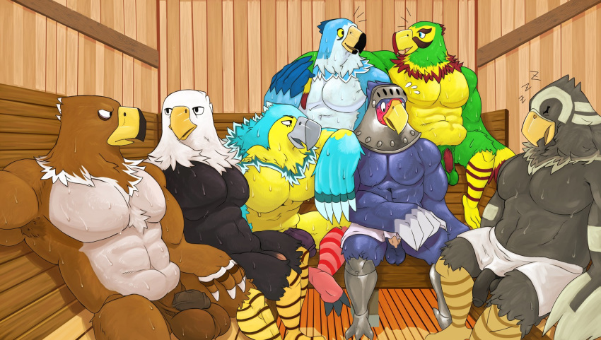 abs accipitrid accipitriform animal_crossing anthro apollo_(animal_crossing) arm_around_partner armpit_hair avery_(animal_crossing) avian ball_size_difference balls big_balls big_muscles big_pecs bird body_hair buzz_(animal_crossing) casual_nudity eagle erection flaccid frank_(animal_crossing) genitals group hi_res keaton_(animal_crossing) male male/male midnightsultry muscular muscular_male nintendo nude pecs penis penis_size_difference pierce_(animal_crossing) sauna sleeping slightly_chubby sterling_(animal_crossing) towel unwanted_erection video_games