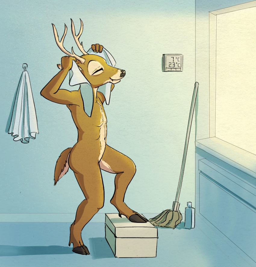 anthro antlers cervid cervine el-yeguero hi_res horn male mammal nude smile solo towel