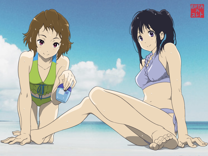 2girls all_fours bangs barefoot beach bikini black_hair blue_bikini blue_ribbon blue_sky breasts brown_hair chitanda_eru closed_mouth cloud collarbone dai_suke_judo_bjj frilled_bikini frills front-tie_bikini front-tie_top highres holding hyouka ibara_mayaka long_hair looking_at_viewer multiple_girls ocean purple_eyes red_eyes ribbon shiny shiny_hair side-tie_bikini sitting sky small_breasts smile soles summer swimsuit thigh_gap wet wet_hair yellow_bikini