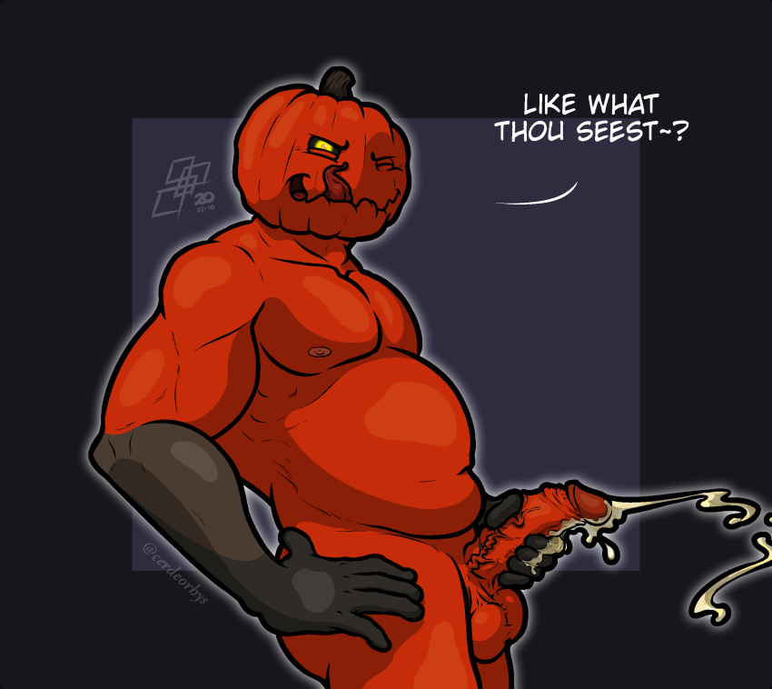 anthro bodily_fluids cerdeorhys cum food fruit genital_fluids genitals glowing glowing_eyes hi_res humanoid licking licking_lips male masturbation muscular nipples orange_body penis plant presenting pumpkin pumpkin_head slightly_chubby solo tongue tongue_out yellow_eyes