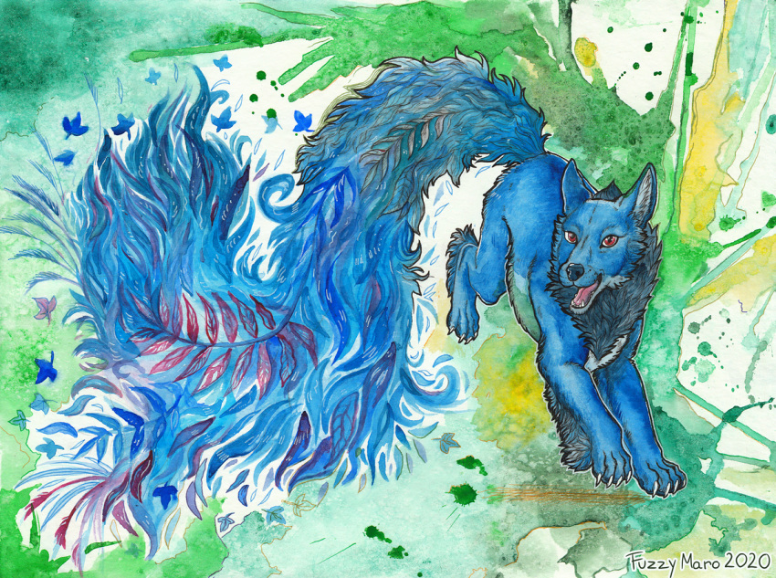 2020 4_toes ambiguous_gender blue_body blue_fur canid canine feral fox fur furry_tail fuzzymaro happy leaf leaping looking_at_viewer mammal open_mouth painting_(artwork) running signature smile solo toes traditional_media_(artwork) watercolor_(artwork)