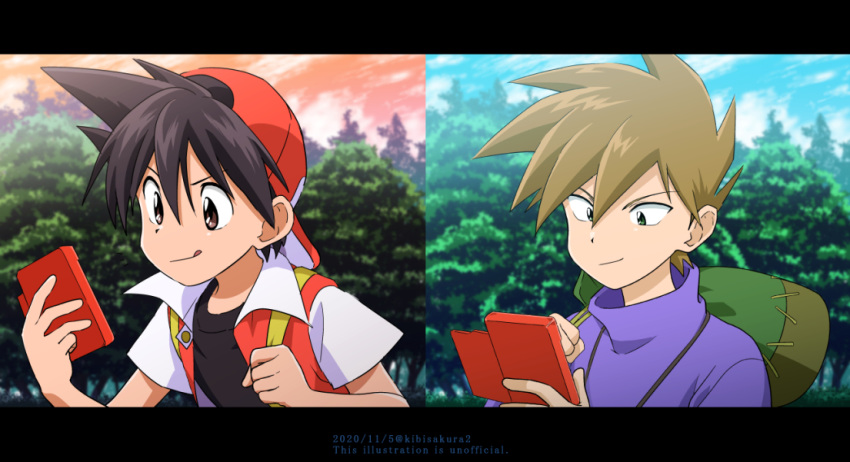 2boys :q backwards_hat bangs baseball_cap black_hair black_shirt blue_oak brown_eyes brown_hair clenched_hand closed_mouth cloud commentary_request day green_bag hair_between_eyes hands_up hat holding jacket kibisakura2 letterboxed male_focus multiple_boys outdoors pokedex pokemon pokemon_adventures red_(pokemon) shirt short_sleeves sky smile spiked_hair t-shirt tongue tongue_out tree