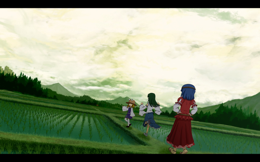 3girls blonde_hair blue_dress blue_skirt cloud cloudy_sky detached_sleeves double_bogey dress forest grass green_background green_hair hair_ornament hair_tubes hat highres japanese_clothes kochiya_sanae landscape leaf_hair_ornament long_hair long_skirt long_sleeves miko moriya_suwako mountain mountainous_horizon multiple_girls nature nontraditional_miko outdoors pointing puffy_short_sleeves puffy_sleeves purple_hair purple_vest red_shirt red_skirt rice_paddy rope sandals scenery shimenawa shirt short_hair short_over_long_sleeves short_sleeves skirt sky touhou tree vest wallpaper white_legwear white_shirt yasaka_kanako