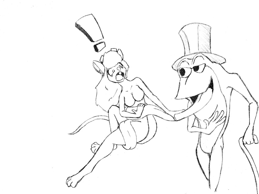 amphibian anthro cane chaoshetra chip_'n_dale_rescue_rangers clothing disney duo female frog gadget_hackwrench hat headgear headwear male male/female mammal michigan_j_frog monochrome mouse murid murine rodent tongue tongue_out top_hat warner_brothers