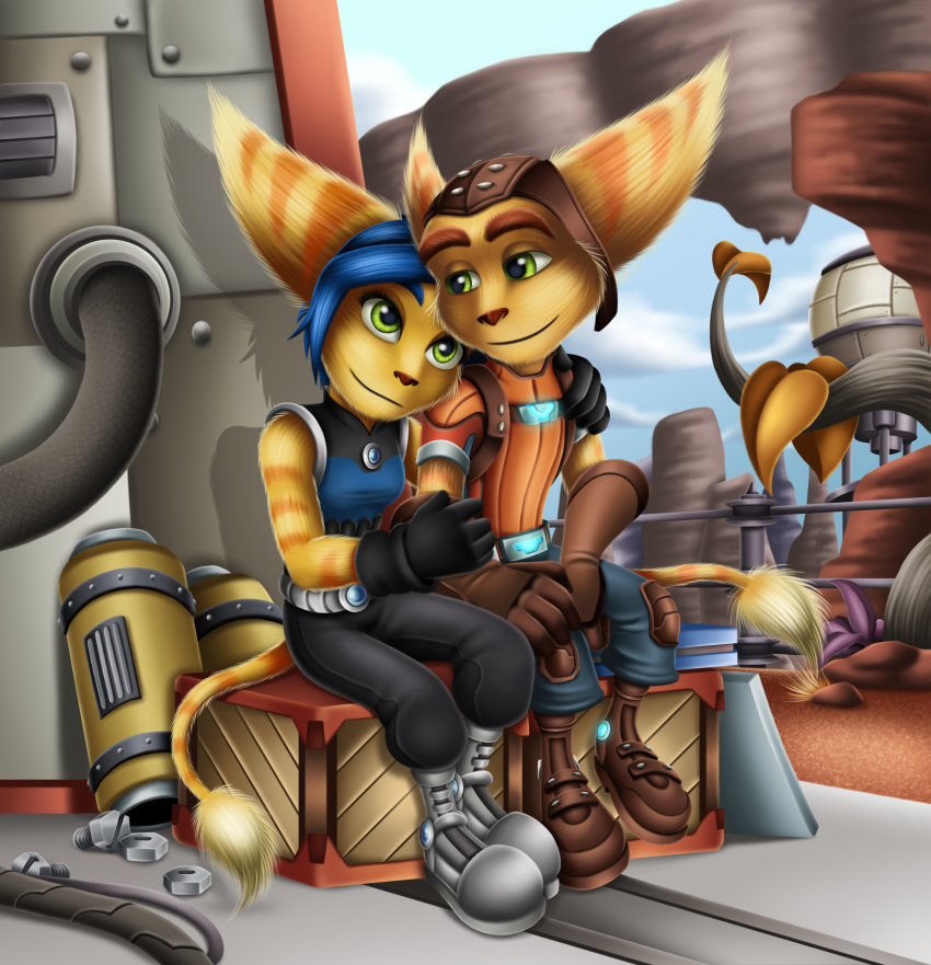 2017 absurd_res anthro arm_markings blue_hair box brown_nose clothing day duo ear_markings eyebrows facial_markings fan_character female fingers fur gloves green_eyes hair half-closed_eyes handwear head_markings hi_res lombax looking_at_another male mammal markings narrowed_eyes ratchet ratchet_and_clank sitting smile sofie-spangenberg sony_corporation sony_interactive_entertainment tail_markings tools video_games yellow_body yellow_fur