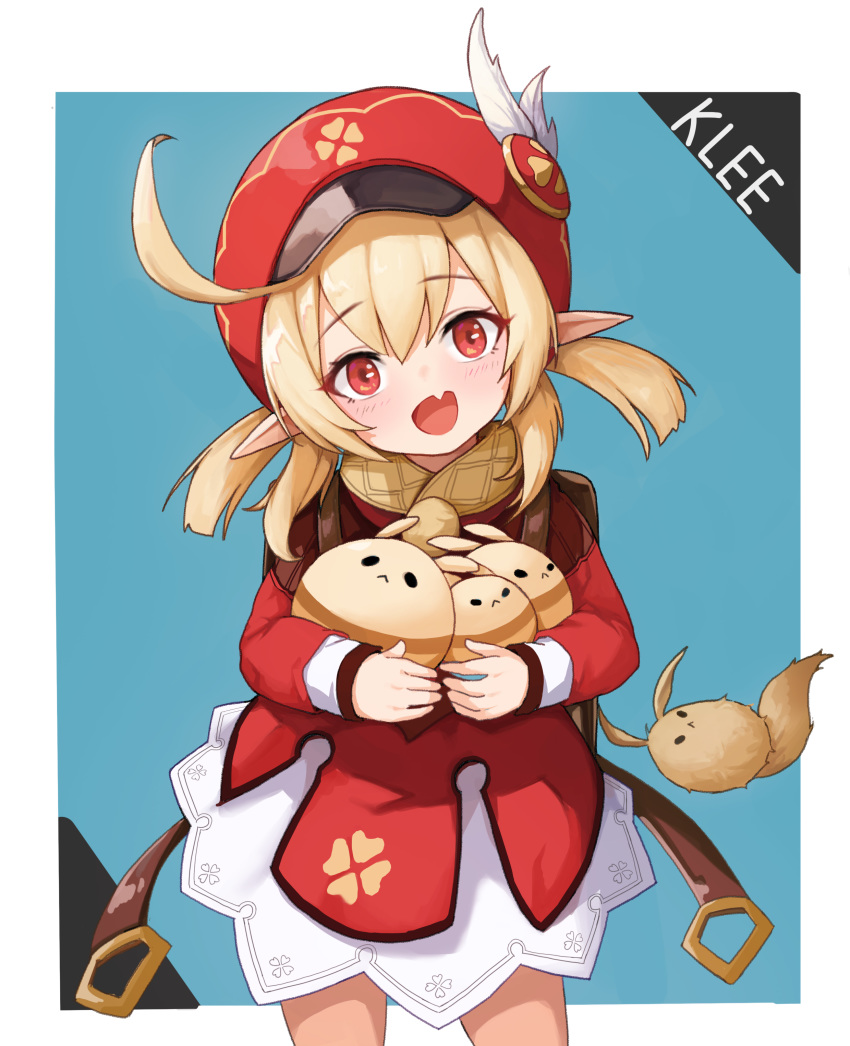 1girl absurdres ahoge animal backpack bag bangs blush dress fang genshin_impact hair_between_eyes hat hat_feather highres holding holding_animal kkusak_(kkusag_ks) klee_(genshin_impact) long_hair long_sleeves looking_at_viewer low_twintails open_mouth red_dress red_eyes red_headwear smile solo twintails white_feathers