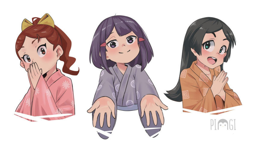 3girls ahoge artist_request avery_(little_witch_academia) bangs barbara_parker black_hair blue_eyes blush bow brown_eyes brown_hair brown_kimono covering_mouth hair_bow hair_ornament hairclip hands_together hanna_england highres hime_cut japanese_clothes kimono little_witch_academia long_hair looking_at_viewer multiple_girls open_mouth outstretched_arms pink_kimono ponytail purple_eyes purple_hair purple_kimono smile white_background yellow_bow