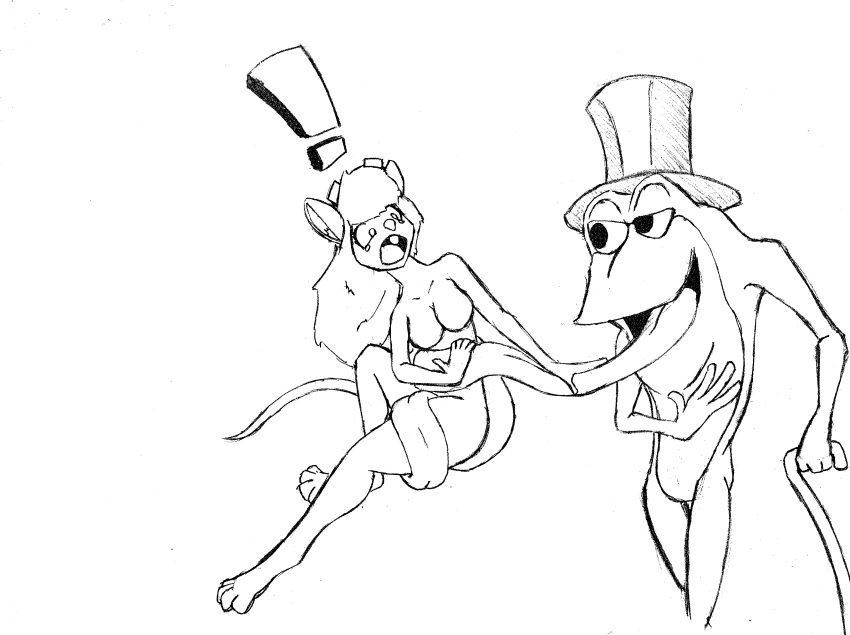 absurd_res amphibian anthro cane chaoshetra chip_'n_dale_rescue_rangers clothing disney duo female frog gadget_hackwrench hat headgear headwear hi_res male male/female mammal michigan_j_frog monochrome mouse murid murine rodent tongue tongue_out top_hat warner_brothers