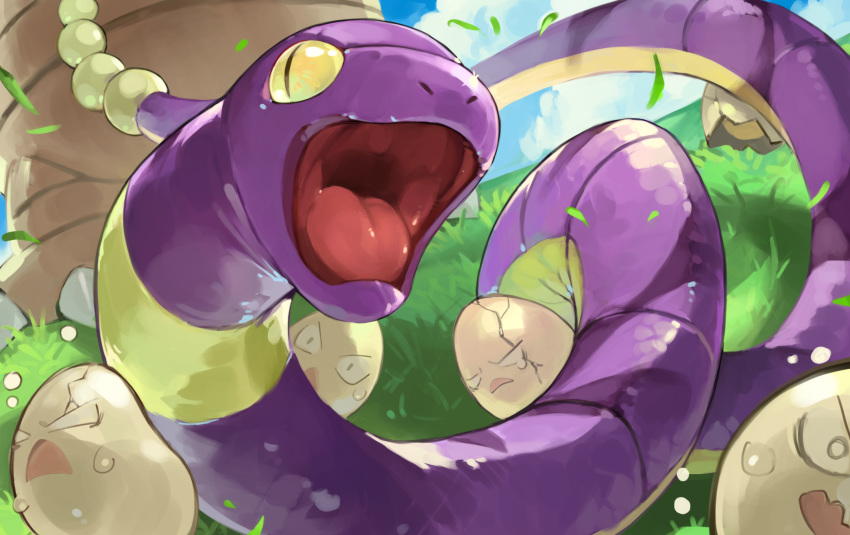 cloud commentary_request cracked day ekans exeggcute exeggutor gen_1_pokemon grass highres no_humans open_mouth outdoors pokemon pokemon_(creature) scared sky snake sweat tapioka_chaso tongue yellow_eyes