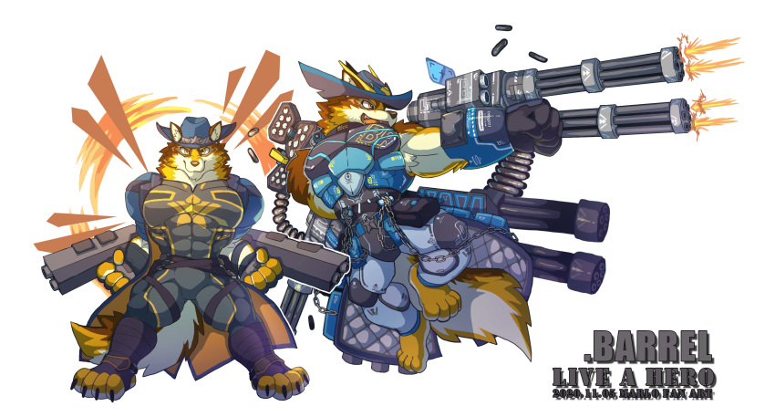 2020 abs absurd_res anthro barrel_(live-a-hero) canid canine canis clothing digital_media_(artwork) gun handgun hat headgear headwear hi_res holding_gun holding_object holding_weapon live-a-hero male mammal muscular muscular_anthro muscular_male ranged_weapon simple_background spandex superhero text tight_clothing video_games weapon white_background wolf wolfmalro
