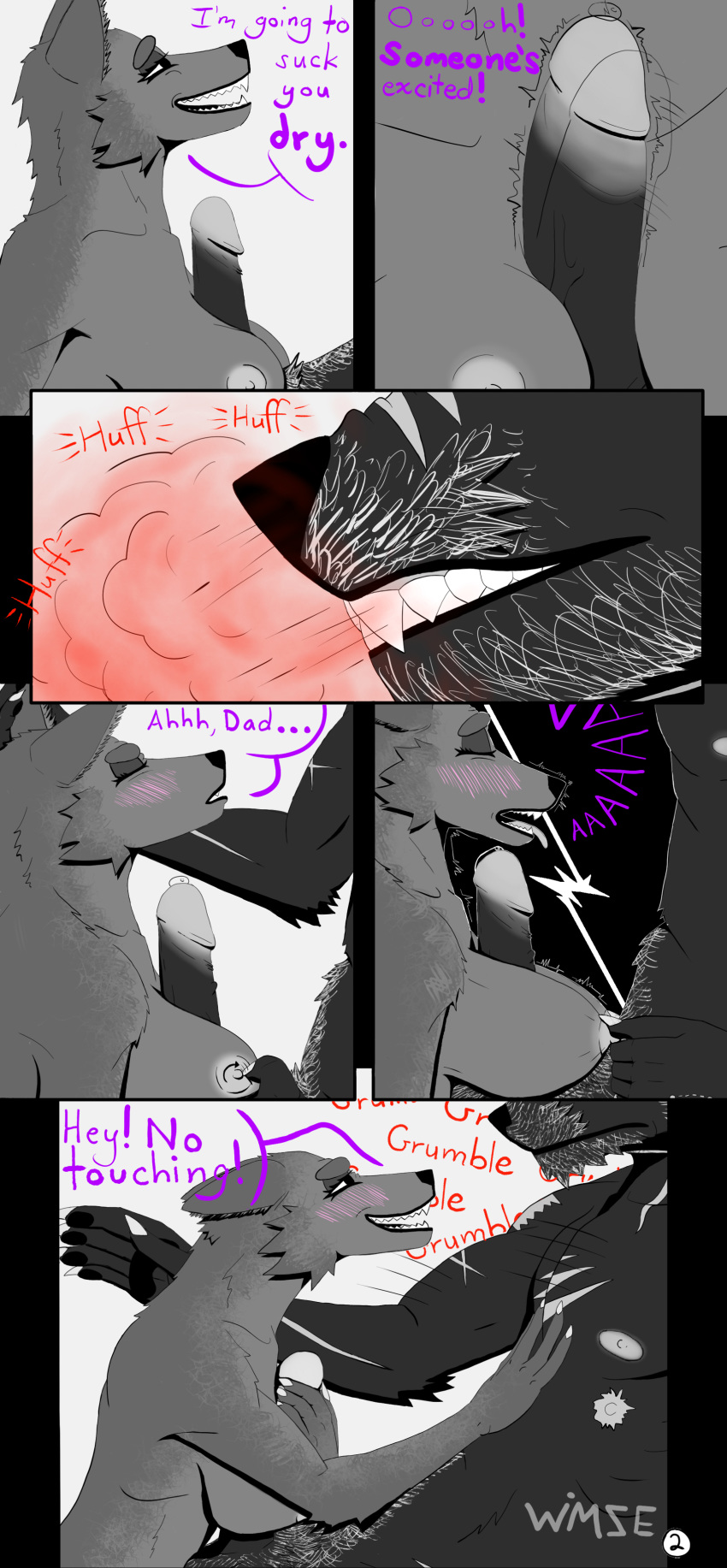 5_fingers absurd_res age_difference anthro apollo_(wimse) athletic athletic_anthro athletic_male black_body black_fur blush bodily_fluids bottomwear breasts breath canid canine canis claws cleavage clothed clothing comic daughter dialogue duo ears_back ears_down english_text erection eye_contact father father_and_child father_and_daughter female fingers fur genital_fluids genitals grey_body grey_fur grey_hair hair hi_res incest_(lore) inner_ear_fluff looking_at_another male male/female mammal moan monday_(wimse) muscular muscular_anthro muscular_male nipple_fetish nipple_pinch nipple_play nipple_pull nipples pants parent parent_and_child parent_and_daughter pawpads penile penis pinch pivoted_ears playful precum romantic_couple romantic_sex scar sex size_difference smile snarling teeth text tongue tongue_out touching_penis tuft vein veiny_penis wimse wolf