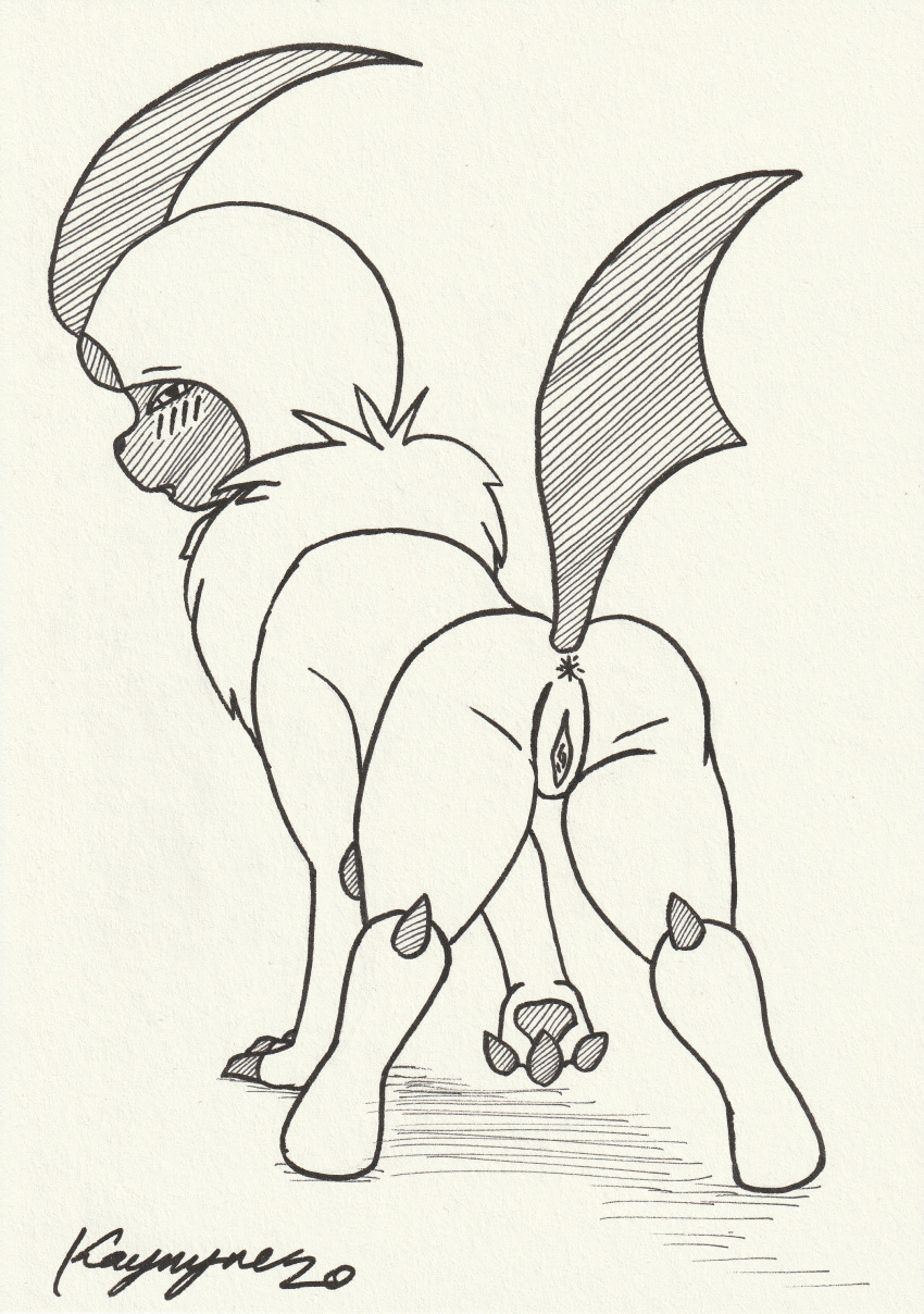 absol absurd_res anus black_and_white blush female feral genitals hi_res k9player_(artist) looking_at_viewer looking_back monochrome nintendo pok&eacute;mon pok&eacute;mon_(species) pussy raised_tail solo spreading standing traditional_media_(artwork) video_games