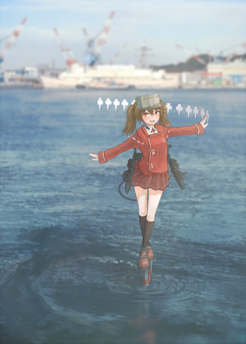 1girl bangs blue_sky blurry blurry_background brown_footwear brown_hair brown_skirt cloud cloudy_sky collar day depth_of_field double_horizontal_stripe highres jacket kantai_collection long_hair long_sleeves looking_at_viewer miniskirt neck_ribbon nito_(nshtntr) onmyouji open_mouth outdoors outstretched_arms photo_background platform_footwear pleated_skirt print_skirt red_jacket red_neckwear ribbon rigging ryuujou_(kantai_collection) shikigami shirt skirt sky smile socks solo spread_arms standing standing_on_liquid twintails visor_cap water white_legwear white_shirt