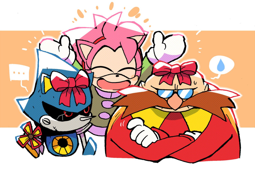 ... 1girl 2boys ^_^ ^o^ amy_rose bow closed_eyes dr._eggman facial_hair facing_viewer gloves happy highres metal_sonic multiple_boys mustache rariatto_(ganguri) red_bow robot sonic_mania sonic_mania_adventures sonic_the_hedgehog sonic_the_hedgehog_(classic) spoken_ellipsis white_gloves winter_clothes