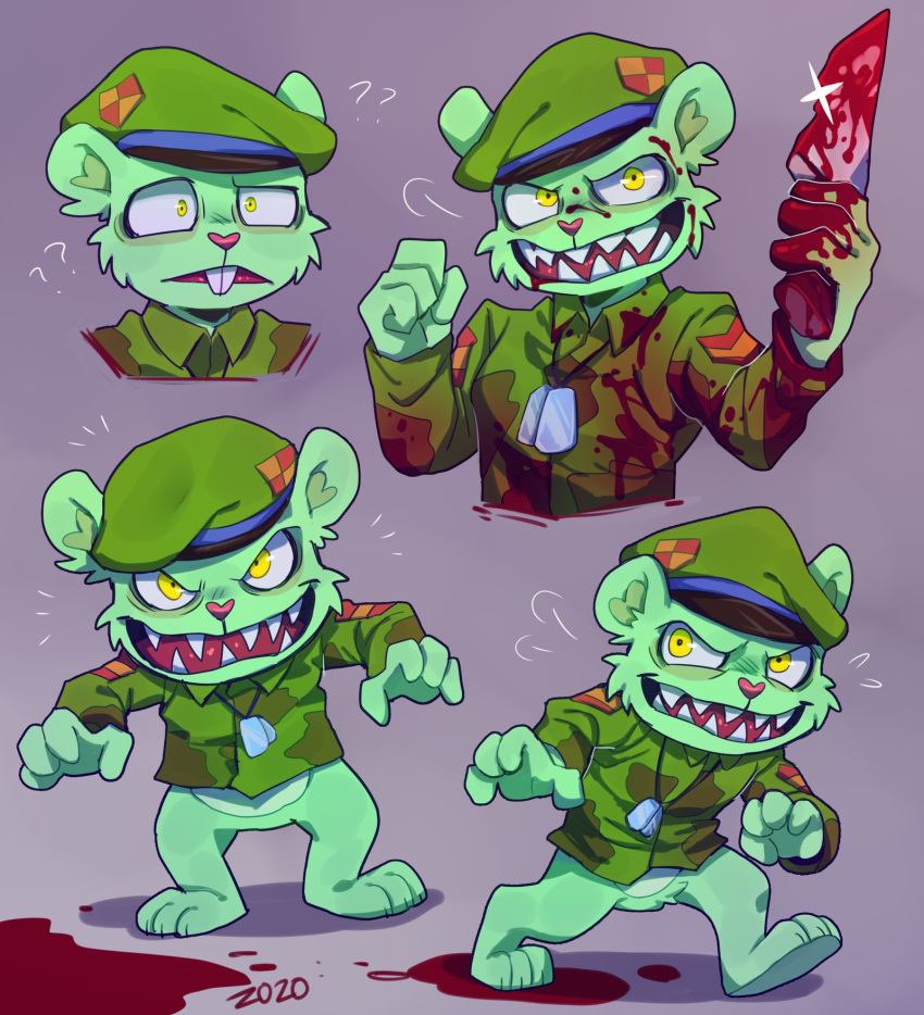 anthro blood bodily_fluids clothing daxratchet flippy_(htf) fur green_body green_fur happy_tree_friends hat headgear headwear hi_res knife male