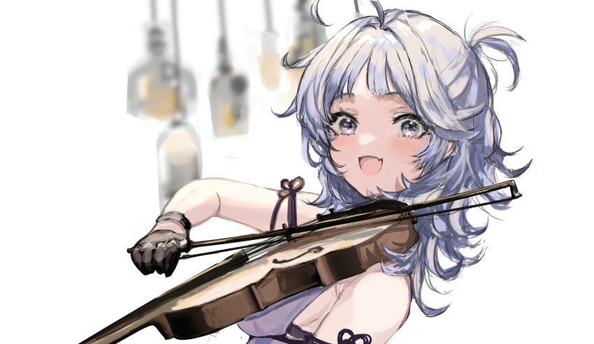 1girl absurdres ahoge azur_lane bangs black_gloves blush dress fang gloves highres instrument maria_(syake-uni) medium_hair music open_mouth playing_instrument purple_dress seattle_(azur_lane) seattle_(gorgeous_party)_(azur_lane) silver_eyes silver_hair simple_background skin_fang solo violin white_background