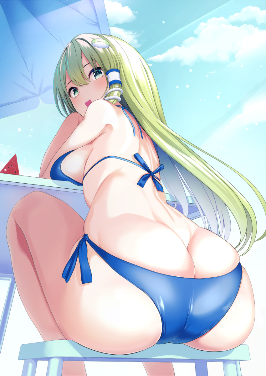 1girl amisu ass ass_focus back bangs bare_arms bare_legs bare_shoulders barefoot beach bikini blue_bikini blue_sky blush breasts butt_crack cloud cloudy_sky comiket_94 commentary_request day dimples_of_venus feet_out_of_frame food frog_hair_ornament fruit green_eyes green_hair hair_ornament hair_tubes halterneck highres kochiya_sanae large_breasts leaning_forward long_hair looking_at_viewer lowleg lowleg_bikini open_mouth outdoors shoulder_blades sitting skindentation sky snake_hair_ornament solo string_bikini swimsuit touhou umbrella watermelon
