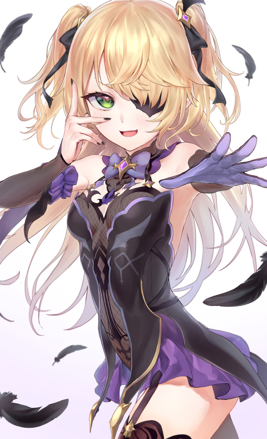 1girl absurdres bangs bare_shoulders blonde_hair blush bodystocking bow breasts chuunibyou eyepatch feathers fischl_(genshin_impact) garter_straps genshin_impact gloves green_eyes hair_over_one_eye highres long_hair looking_at_viewer monegi open_mouth purple_bow purple_neckwear single_glove single_leg_pantyhose single_thighhigh small_breasts smile solo thighhighs thighs two_side_up vision_(genshin_impact)