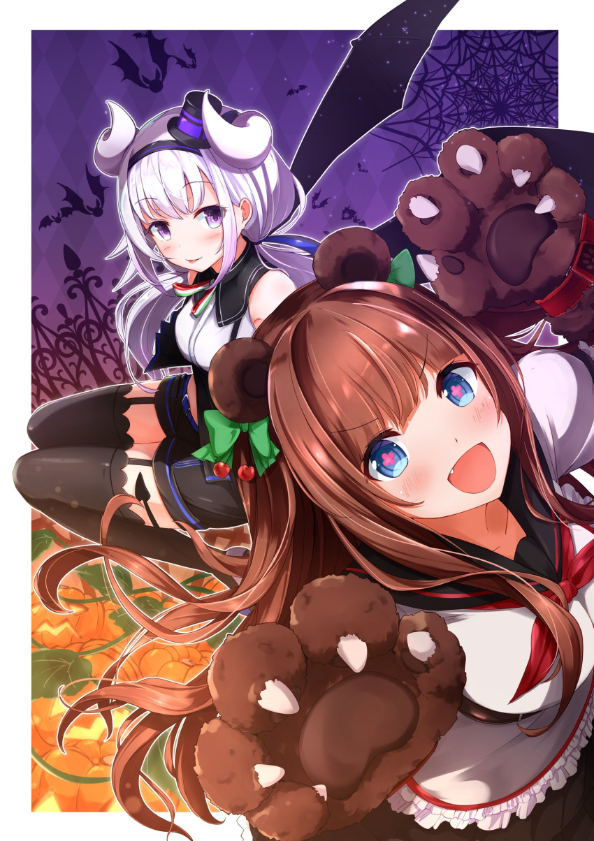.live 2girls animal_ears bear_ears black_legwear blue_eyes brown_hair carro_pino commentary_request demon_horns demon_tail fake_animal_ears fang halloween headband highres horns jack-o'-lantern kakyouin_chieri looking_at_viewer low_twintails multiple_girls namae_hamada open_mouth paws purple_eyes purple_hair school_uniform tail thighhighs tongue tongue_out twintails virtual_youtuber