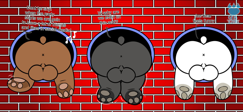 2020 absurd_res anthro anus balls black_body black_fur brown_bear brown_body brown_fur bunnybara butt cartoon_network english_text fur genitals giant_panda grizzly_(wbb) grizzly_bear group hi_res ice_bear male mammal panda_(wbb) polar_bear text through_wall ursid ursine we_bare_bears white_body white_fur x_anus