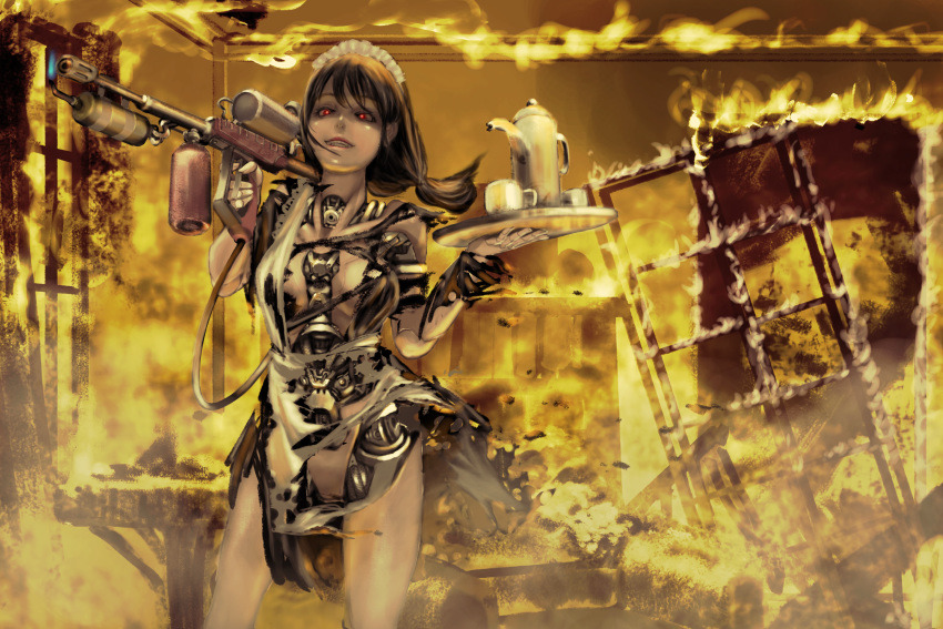 1girl black_hair burning commentary_request cup damaged evil_grin evil_smile fantasy fire flamethrower grin hair_between_eyes highres holding holding_weapon low_ponytail maid maid_headdress mecha mechanical_parts medium_hair military original pale_skin red_eyes robot scenery science_fiction smile solo tagme tea_set teacup torn_clothes weapon www_(201548)