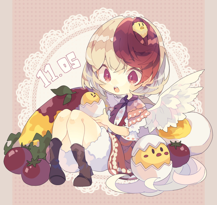 1girl animal_on_head bird bird_on_head blonde_hair blush boots brown_footwear chibi chick commentary_request dated doily egg feathered_wings food full_body hatching highres holding knees_up multicolored_hair nikorashi-ka niwatari_kutaka omurice on_head open_mouth orange_skirt polka_dot polka_dot_background puffy_short_sleeves puffy_sleeves red_eyes red_hair red_neckwear shirt short_sleeves sitting skirt solo tomato touhou two-tone_hair white_shirt wings