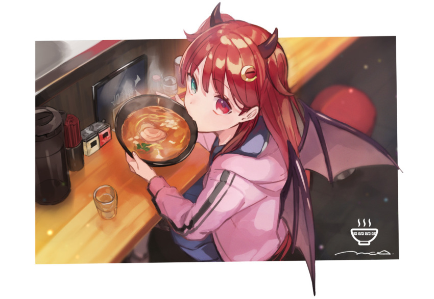 1girl crescent crescent_hair_ornament demon_girl demon_wings eating food green_eyes hair_ornament heterochromia horns long_hair mogayama nijisanji red_eyes red_hair virtual_youtuber wings yuzuki_roa